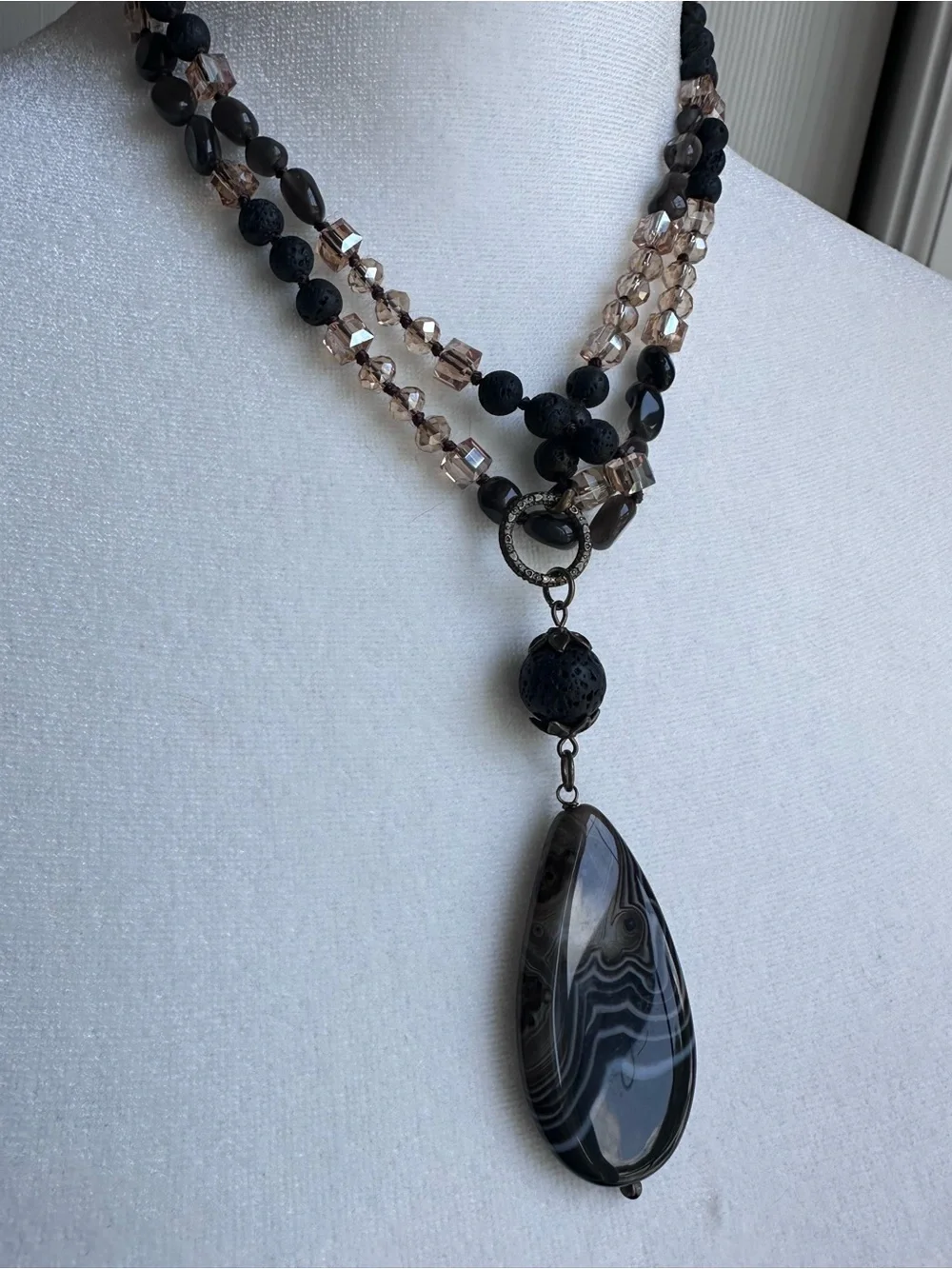 Handcrafted Black and Champagne Beaded Pendant Necklace